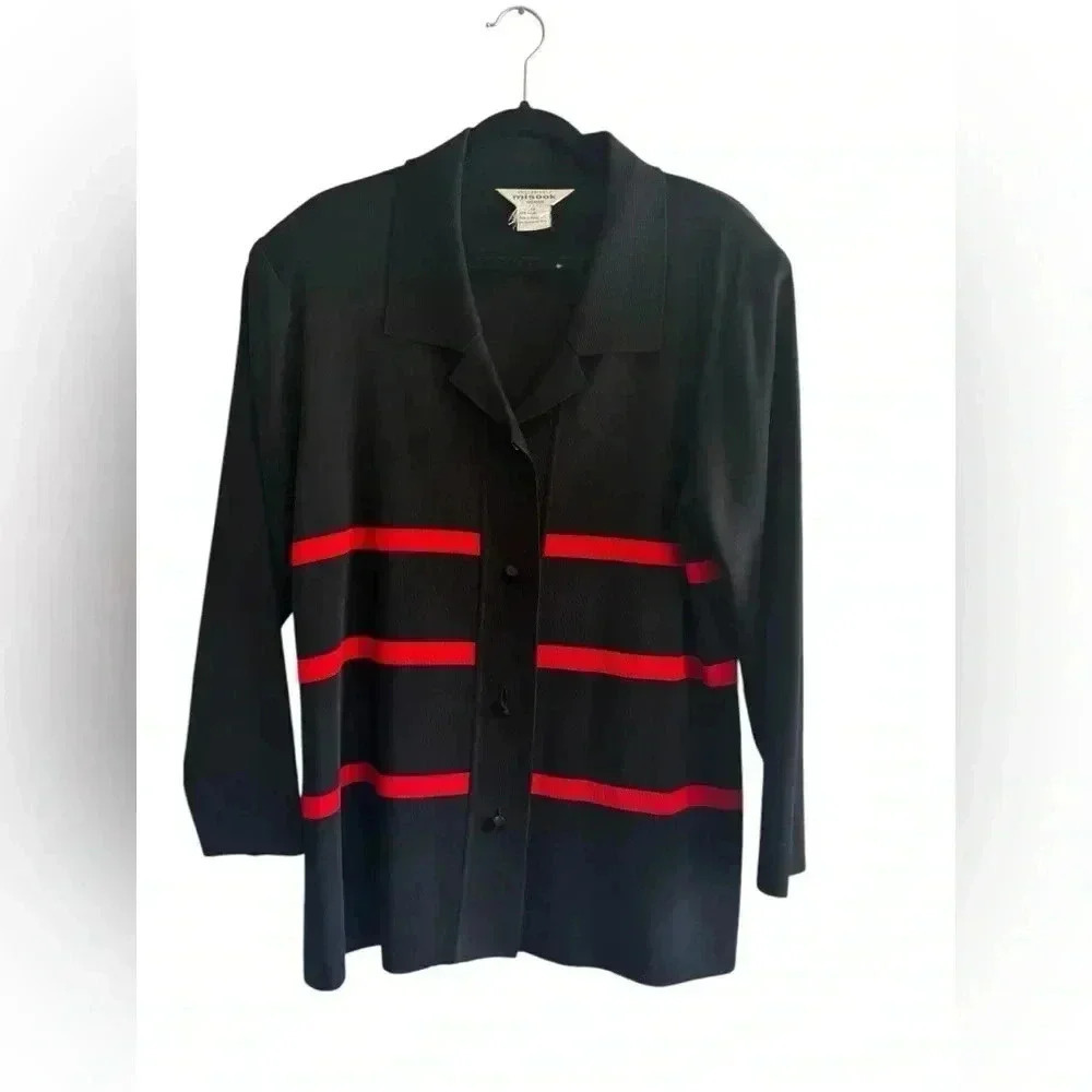 Exclusively Misook Cardigan Black Red Striped Button Front Sweater Collared 1X